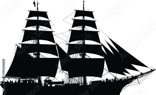 Black silhouette of a large square-rigged sailing ship with full sails contrasts sharply against the bright white background.