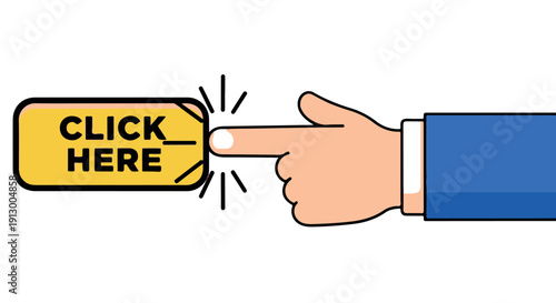 A cartoon hand in a blue suit sleeve pointing to a yellow click here button on a white background, conveying action and interaction.
