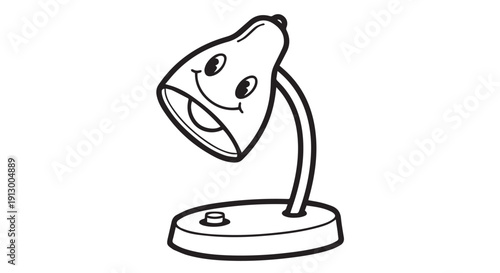 A cheerful cartoon desk lamp with a smiling face and adjustable arm on a white background, symbolizing happiness and illumination.
