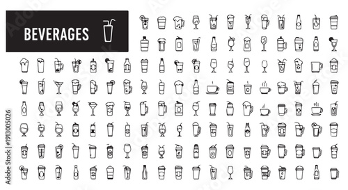Collection of various beverage icons including coffee, tea, soda, juice, and alcohol in a simple line style