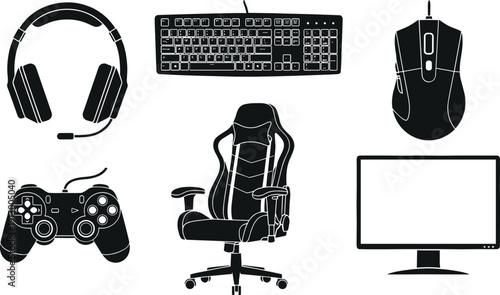 Black and white of gaming accessories and computer peripherals