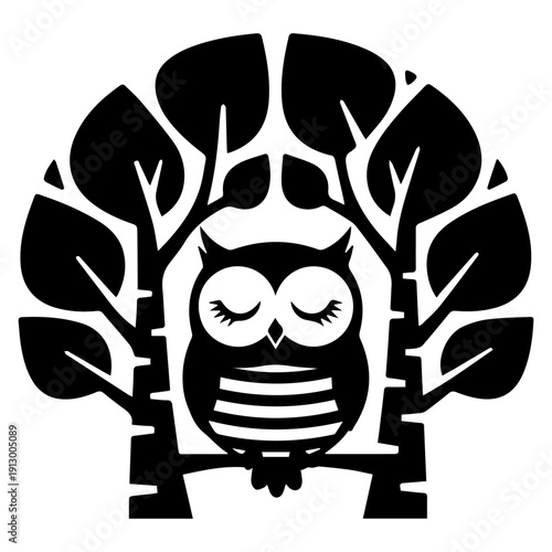 graphic design logo featuring a sleeping owl framed by two stylized birch trees.