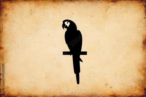 Silhouette of a parrot perched on a rustic wooden branch against a vintage background