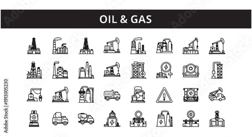 Collection of black and white icons related to oil and gas industry, including rigs, refineries, trucks, and equipment.