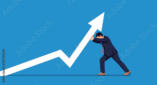 Illustration of a person in a suit pushing upward on a zigzagging white arrow against a blue background, symbolizing growth and determination.
