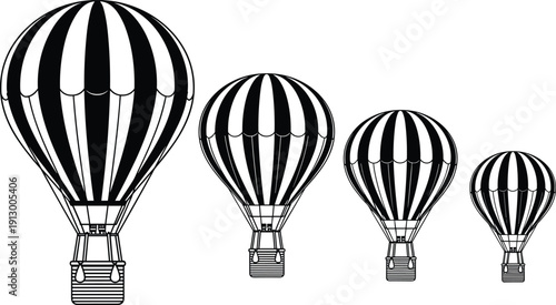 Hot air balloon line art set with striped vintage aerostat isolated black and white vector illustration collection