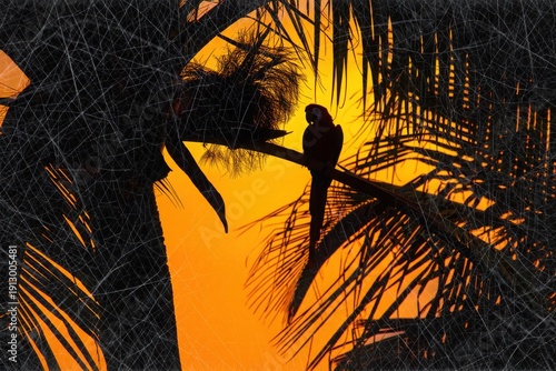 Silhouette of a bird taking flight amidst golden sunset palm shadows