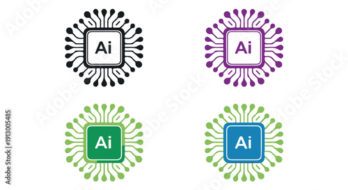 Four color variations of artificial intelligence icons with circuit board designs on white background for tech concepts