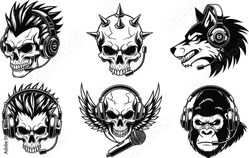 Black and white of skulls and animals wearing headphones punk rock