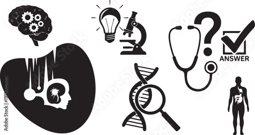 Medical Research and Healthcare Concept Icons in Black and White