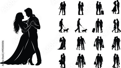 Romantic couple silhouettes dancing walking shopping and embracing black vector collection isolated illustration for wedding love relationship lifestyle design
