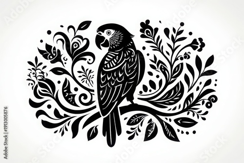 Elegant black parrot perched amidst intricate floral art design