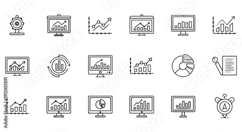 A collection of 16 black line icons illustrating business growth, statistics, and finance on monitors and graphs.