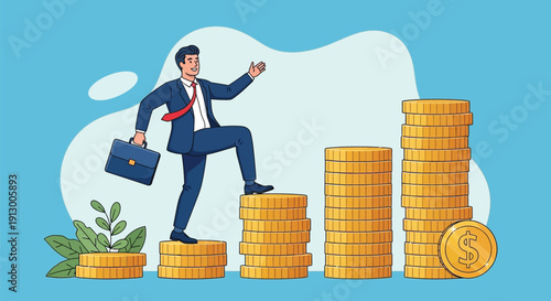 Illustration of a confident man in a suit with a briefcase, stepping up a staircase made of gold coin stacks, symbolizing financial growth and success.