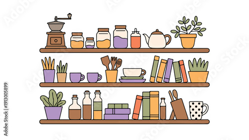 A hand-drawn illustration of three wooden shelves with a white background (1)_traced