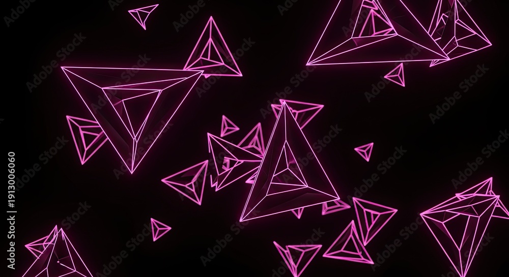 Obraz premium Abstract Geometric Neon Pink Wireframe Pyramids Floating in Darkness.