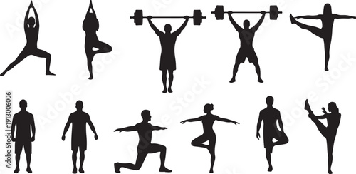 Silhouettes of people exercising and practicing yoga poses together