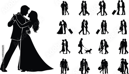 Romantic couple silhouettes dancing walking shopping and embracing collection isolated black vector illustration for wedding love relationship design concept set