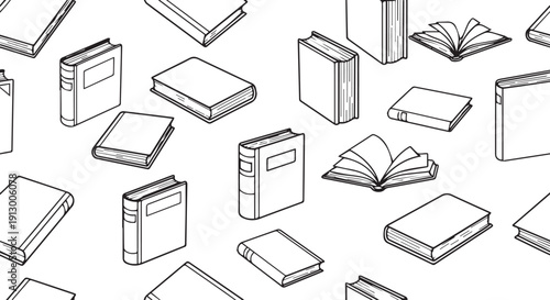 A collection of various books floating in the air, illustrated in a simple line drawing style on a white background.