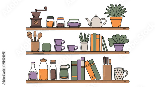 A hand-drawn illustration of three wooden shelves with a white background (2)_traced