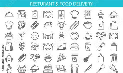 Restaurant and food delivery line icon set featuring menu, chef, burger, pizza, coffee and dining service symbols vector illustration