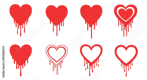 Collection of red melting heart shapes with drips on white background, symbolizing love and passion in a modern graphic design.