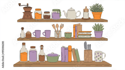 A hand-drawn illustration of three wooden shelves with a white background (3)_traced