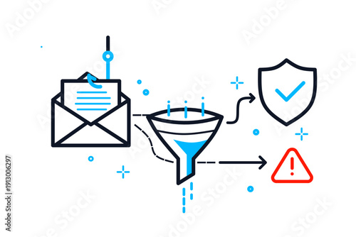 Email Security Filtering Icon with Shield Verification and Warning Alert Vector