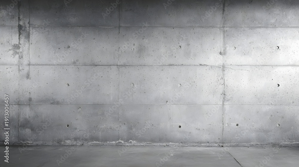 Naklejka premium A close up view of a raw textured concrete wall featuring distinct horizontal lines and circular form marks creating an industrial backdrop