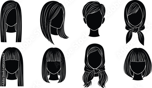 Women hairstyle silhouette collection with short long bob bangs and scarf styles black vector illustration set