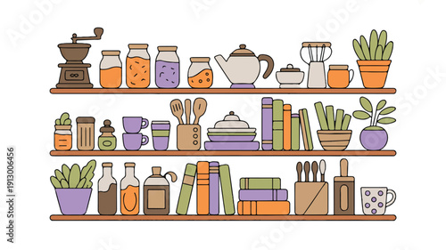 A hand-drawn illustration of three wooden shelves with a white background (4)_traced