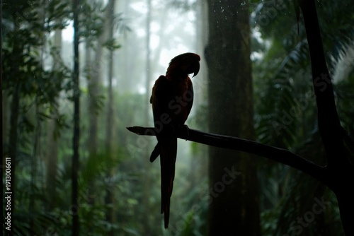 Mysterious parrot perched in a dense, foggy forest