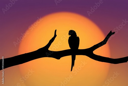 Silhouette of a bird perched on a branch during a sunset