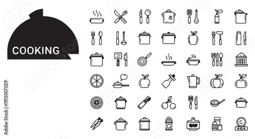 Collection of black line icons related to cooking and kitchen utensils on white background