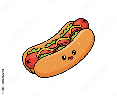 Cartoon hot dog with mustard ketchup and relish on black background