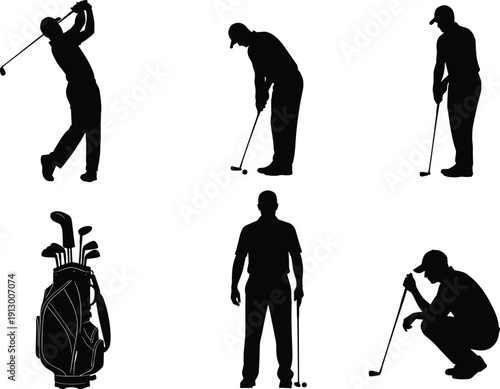 Golfer silhouettes set with swing, putting, standing poses and golf bag, isolated on white background for sports design and recreation concepts