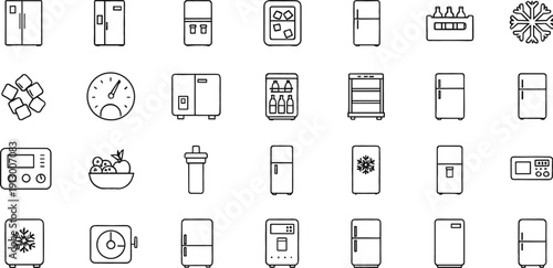 Refrigerator and Kitchen Appliance Line Icon Set with Freezer, Fridge Features, Temperature Control, Ice Maker, and Household Electronics Vector Symbols