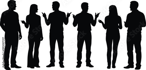 Group of people silhouettes talking and gesturing, isolated on white background, business communication concept illustration for teamwork, discussion, and social interaction