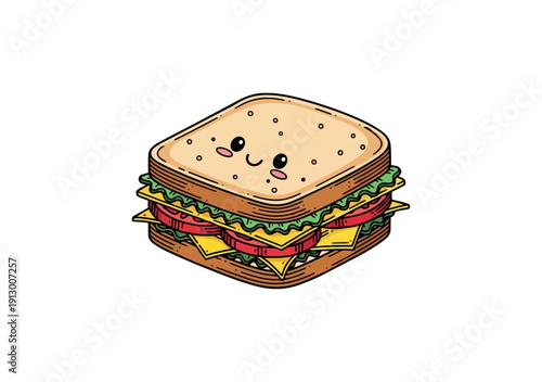 Cartoon sandwich illustration with smiling face isolated on black background