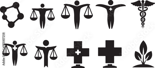 Medical and law symbols in black on white background