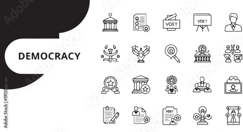 A collection of black line icons representing democracy concepts, including voting, government, and civic engagement on white background.