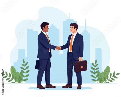 Two men in suits shake hands confidently, against a backdrop of a blue city skyline and green foliage, conveying a tone of professional partnership.