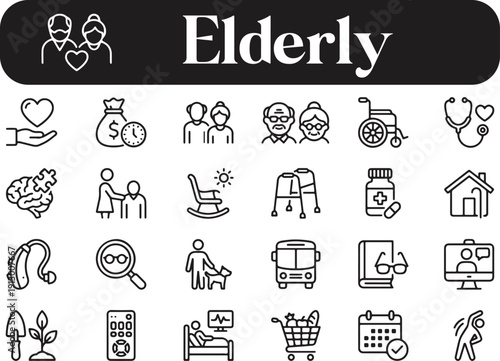 Elderly care icons set including health finance and daily life on transparent background