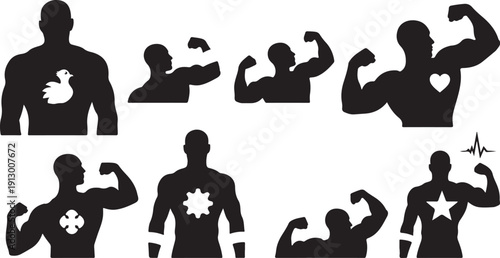 Silhouettes of strong men with various symbols on chest