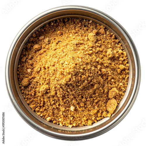 Close-up of Jaggery Powder in a Stainless Steel Bowl, Overhead Shot