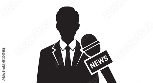A silhouette of a man in a suit holding a microphone with a news sign for journalism or broadcasting purposes on a white background.