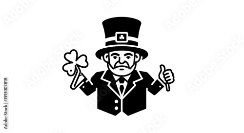 A cartoon leprechaun in a suit holding a shamrock and giving a thumbs up.