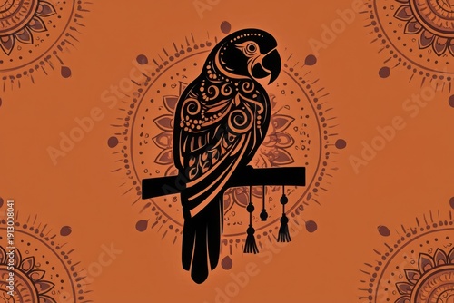 Elegant parrot perched on an ornately decorated branch with hanging bells