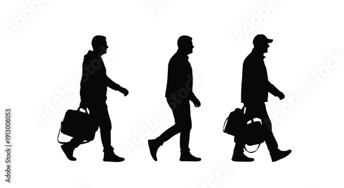 Collection of three black and white silhouettes showing diverse men walking while carrying various types of bags