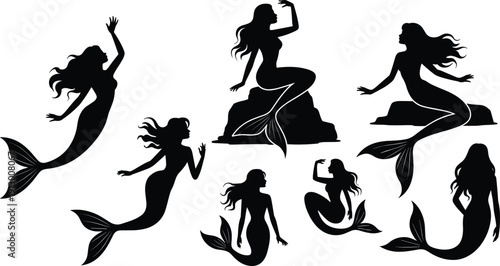 Mermaid silhouette collection fantasy sea siren women isolated on white background minimalist vector set for illustration and design